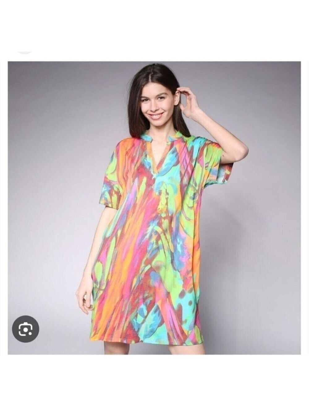 NATORI | Paradise Cotton Dress Split Crewneck Watercolor Sz LARGE